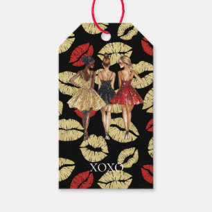 Étiquettes-cadeau Filles en robes glamour or noir rouge lèvres baise