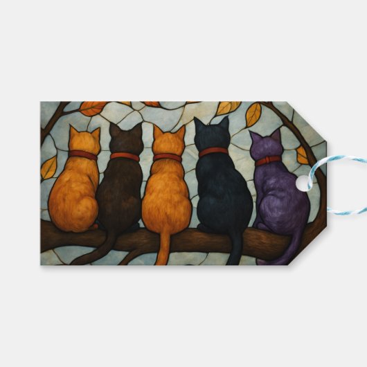 Étiquettes-cadeau Five Cats on a Tree Branch Stained Glass Style (Devant (Horizontal))