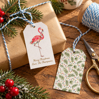 Étiquettes-cadeau Flamant rose aquarelle Noël personnalisé