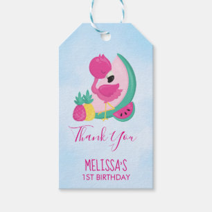 Étiquettes-cadeau Flamant rose rose avec pastèque et ananas