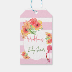 Étiquettes-cadeau Flamant rose tropical Baby shower en bande rose