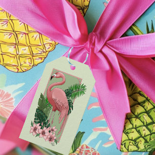 Étiquettes-cadeau Flamant Rose Tropical Feuilles de Palmier Vert Lys