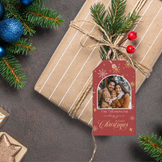 Étiquettes-cadeau Flammes de neige d'hiver modernes Photo Noël rouge