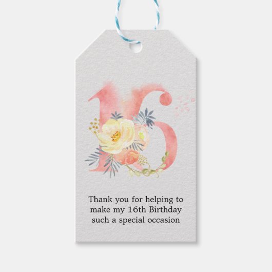Étiquettes-cadeau Fleur d'aquarelle rose pâle Numéro 16 Merci (Devant)