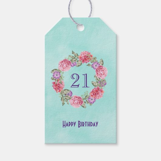 Étiquettes-cadeau Fleur d'aquarelle Wreath avec Joyeux anniversaire  (Devant)