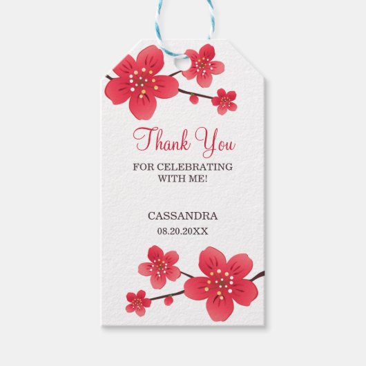 Étiquettes-cadeau Fleur moderne rouge cerise fleurs Sakura Merci (Devant)