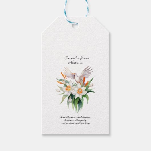 Étiquettes-cadeau Fleur Narcisse de décembre avec oiseaux floraux (Devant)