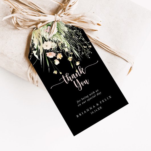 Étiquettes-cadeau Fleur sauvage Boho vert Mariage noir Merci