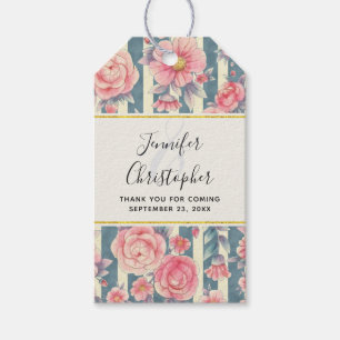 Étiquettes-cadeau Fleurs aquarelles roses sur mariage à rayures