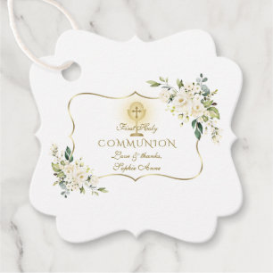 Étiquettes Cadeau Fleurs blanches de luxe Croix d'or Sainte Communio