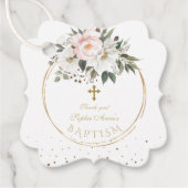 Étiquettes Cadeau Fleurs blanches floues Fleur fleurir Croix d'or Ba (Devant)