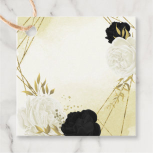 Étiquettes Cadeau fleurs blanches noires or feuille mariage