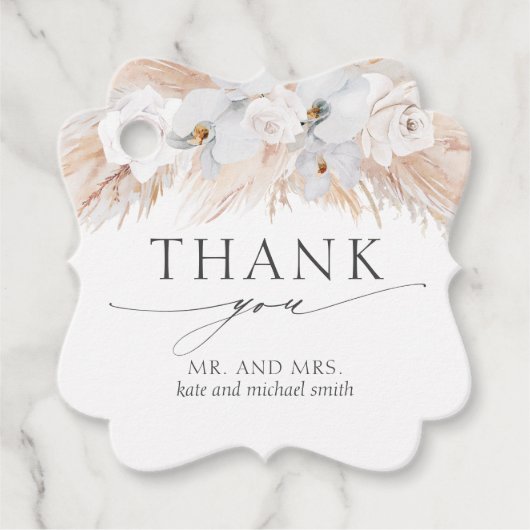 Étiquettes Cadeau Fleurs blanches Pampas Mariage en herbe Merci (Devant)