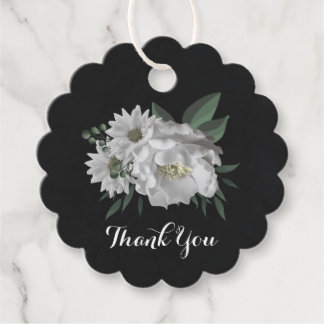 Étiquettes Cadeau fleurs blanches romantiques & feuilles vertes noir