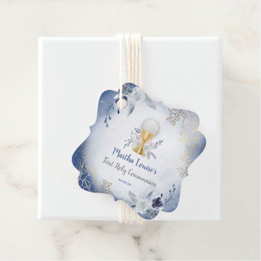 Étiquettes Cadeau Fleurs bleues de la première sainte communion (En situation)