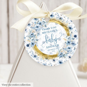 Étiquettes Cadeau Fleurs bleues douces et dorées et baby shower garç