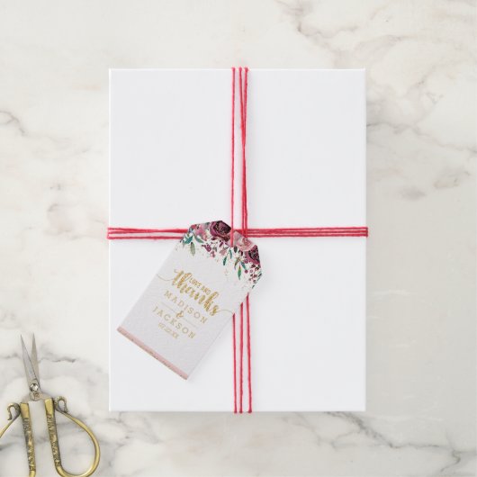 Étiquettes-cadeau Fleurs bleues Stripes & Gold Mariage Love & Thanks (Avec de la ficelle)