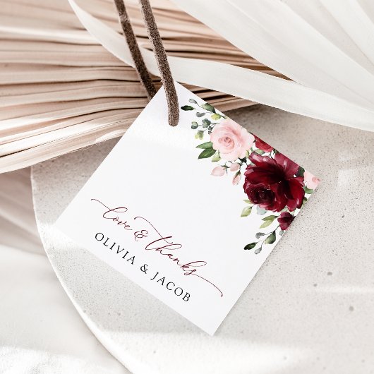 Étiquettes Cadeau Fleurs Bourgogne, Fleurs roses, Verdure, Mariage