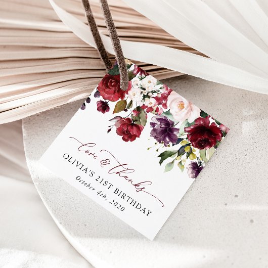 Étiquettes Cadeau Fleurs Bourgognes, Fleurs Roses, Boho, Anniversair