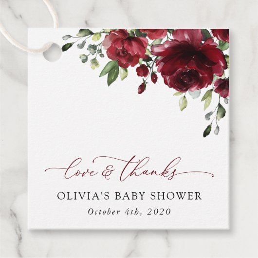 Étiquettes Cadeau Fleurs Bourgognes, Fleurs Rouges, Boho, Baby showe (Devant)