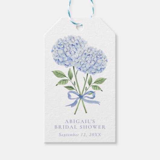 Étiquettes-cadeau Fleurs d'aquarelle bleu Hydrangea avec cou (Devant)