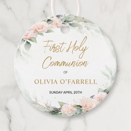 Étiquettes Cadeau Fleurs d'aquarelle rose Merci Communion (Devant)