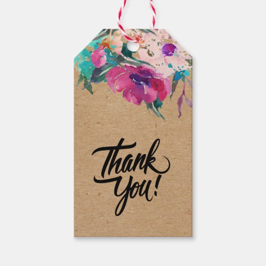 Étiquettes-cadeau Fleurs d'aquarelle rose sur papier Kraft (Devant)