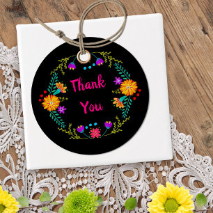 Étiquettes Cadeau Fleurs d'art populaire colorées Merci mexicain Fie
