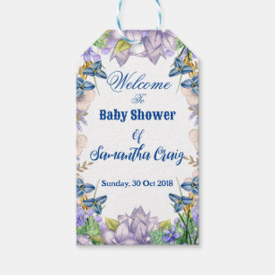 Étiquettes-cadeau Fleurs de bleu pastel et lilas violet pour Baby Sh