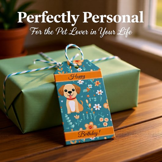 Étiquettes-cadeau Fleurs de chiot orange mignonnes customisées