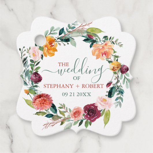 Étiquettes Cadeau Fleurs de jardin anglais Wreath Custom Wedding Tex (Devant)