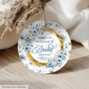 Étiquettes Cadeau Fleurs de mariage pailletées or bleu élégant
