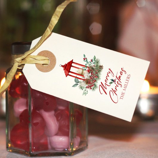 Étiquettes-cadeau Fleurs de Noël joyeux et bouquet de lanterne
