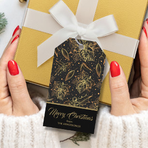 Étiquettes-cadeau Fleurs de Noël or et noir