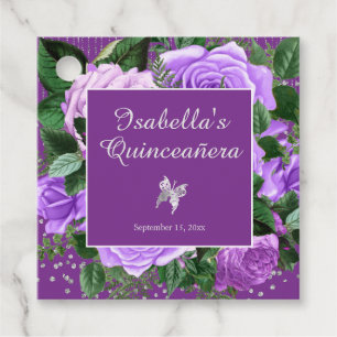 Étiquettes Cadeau Fleurs de rose violette Papillon argenté Quinceañe
