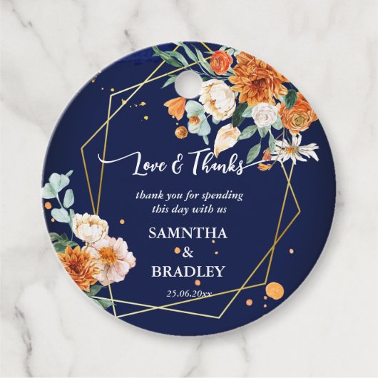 Étiquettes Cadeau Fleurs de sauge bleu orange bleu marine merci (Devant)