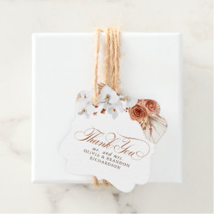 Étiquettes Cadeau Fleurs de terre cuite et blanches Boho Merci