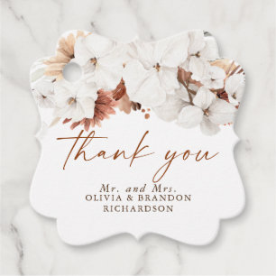 Étiquettes Cadeau Fleurs de terre cuite et blanches Boho Merci