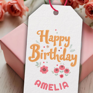 Étiquettes-cadeau Fleurs Florales Joyeux Anniversaire Handlettering