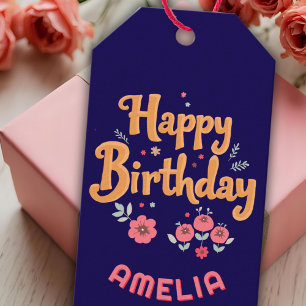 Étiquettes-cadeau Fleurs Florales Joyeux Anniversaire Handlettering