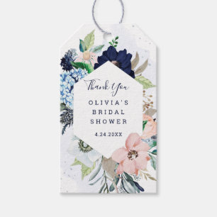 Étiquettes-cadeau Fleurs nautiques bleu marine et blush   Merci