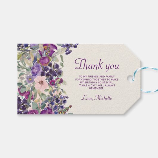 Étiquettes-cadeau Fleurs rose et prune Foliage Fête d'anniversaire  (Devant (Horizontal))