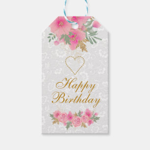 Étiquettes-cadeau Fleurs roses aquarelle et feuille d'or Joyeux Anni