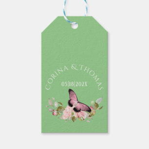 Étiquettes-cadeau Fleurs roses et papillon sur mariage vert