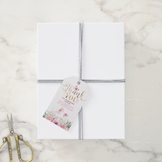 Étiquettes-cadeau Fleurs roses et papillons Merci d'anniversaire (Avec de la ficelle)