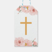 Étiquettes-cadeau Fleurs roses mignonnes et première communion crois (Dos)