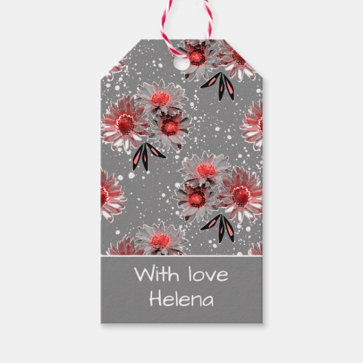 Étiquettes-cadeau Fleurs rouges sur gris (Devant)