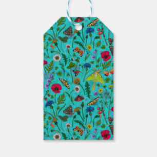 Étiquettes-cadeau Fleurs sauvages et papillons de nuit sur turquoise
