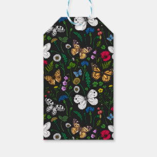 Étiquettes-cadeau Fleurs sauvages et papillons sur le noir