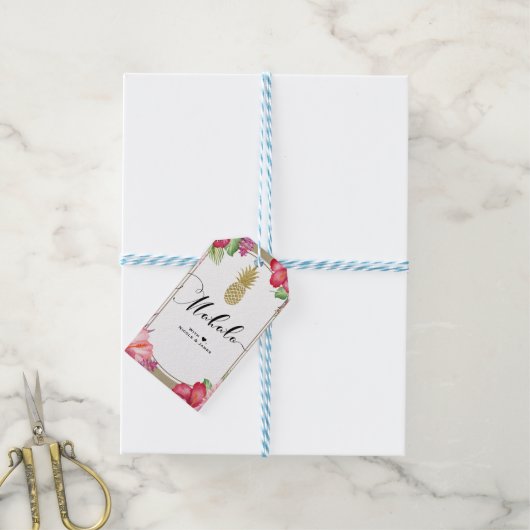 Étiquettes-cadeau Fleurs tropicales Ananas Chic MAHALO ALOHA (Avec de laficelle)